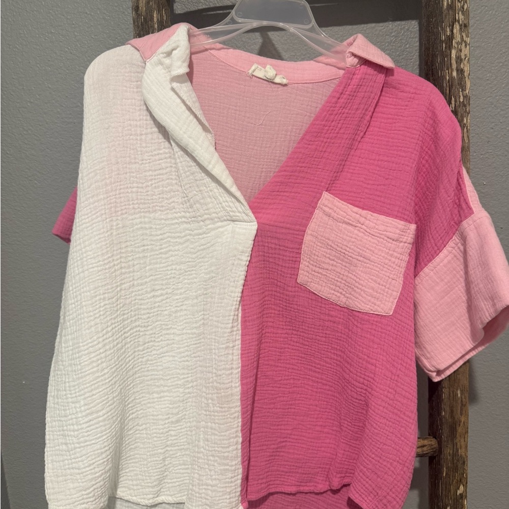 Pink and White Women's Top